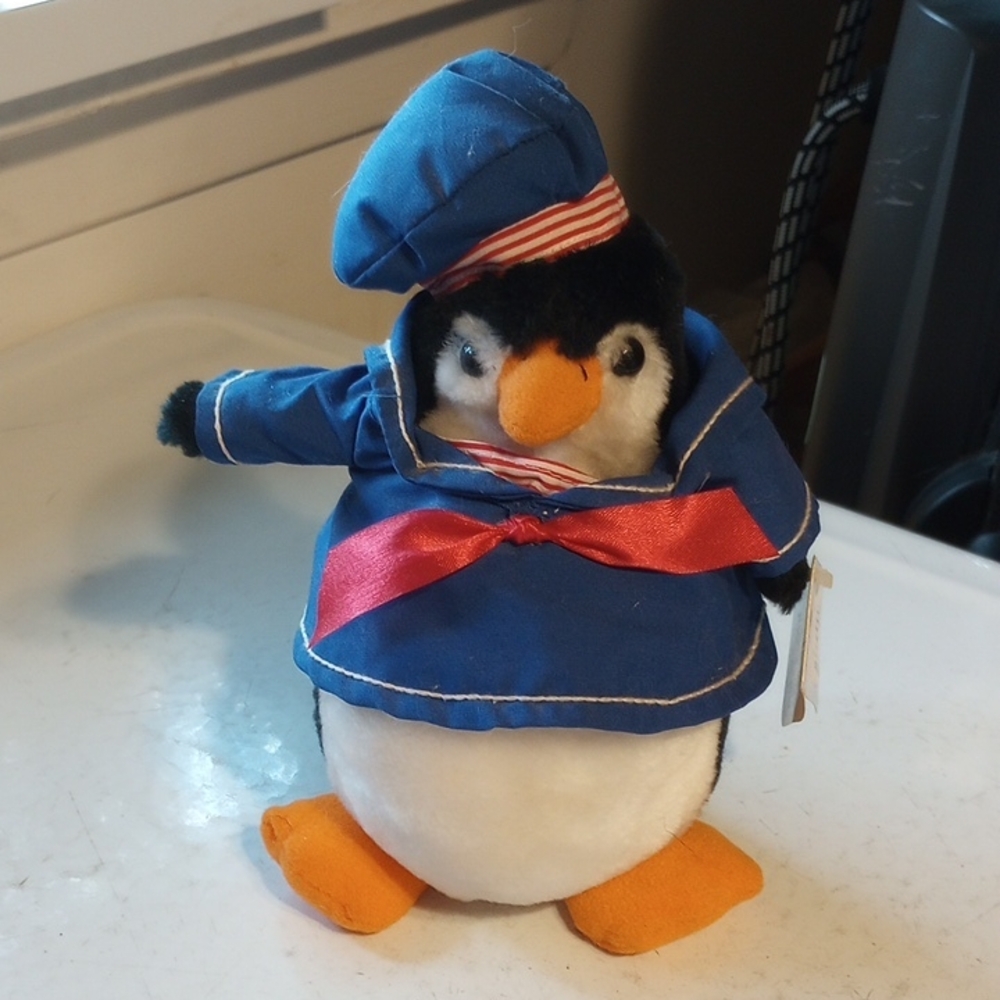 Vintage Applause Sailor Penguin Plush Toy w/ Tag.  Black White Red Blue